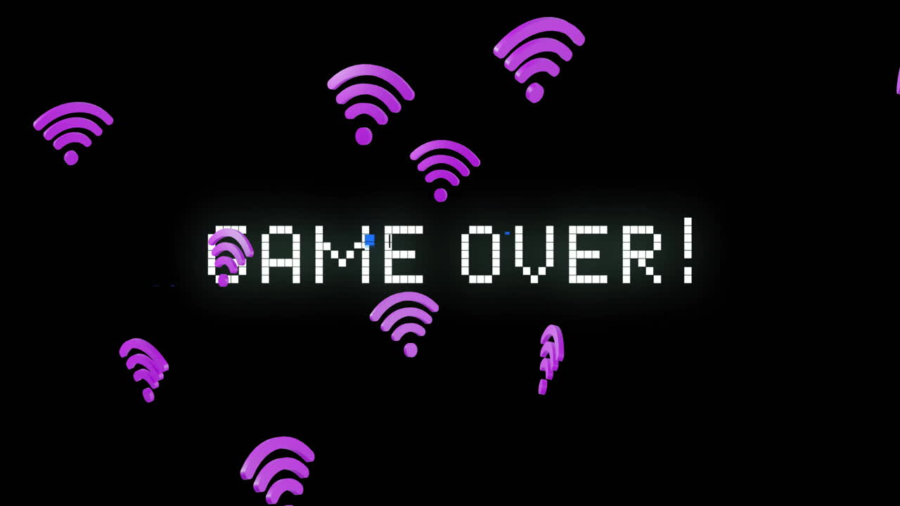 Animation of game over text over wifi icons on black background
