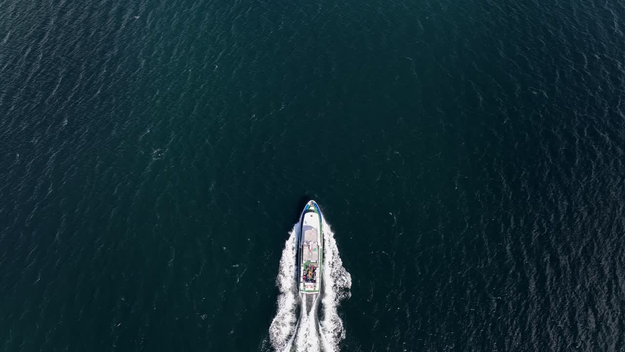 Barca turistica charter che entra nell'inquadratura e avanza in questa ripresa aerea statica a volo d'uccello - mare di Sognefjorden nella Norvegia occidentale 60 fps