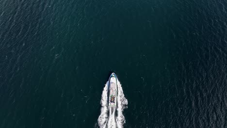 tourist charter boat coming into frame and moving ahead in this static birdseye aerial - sognefjorden sea in western norway 60 fps