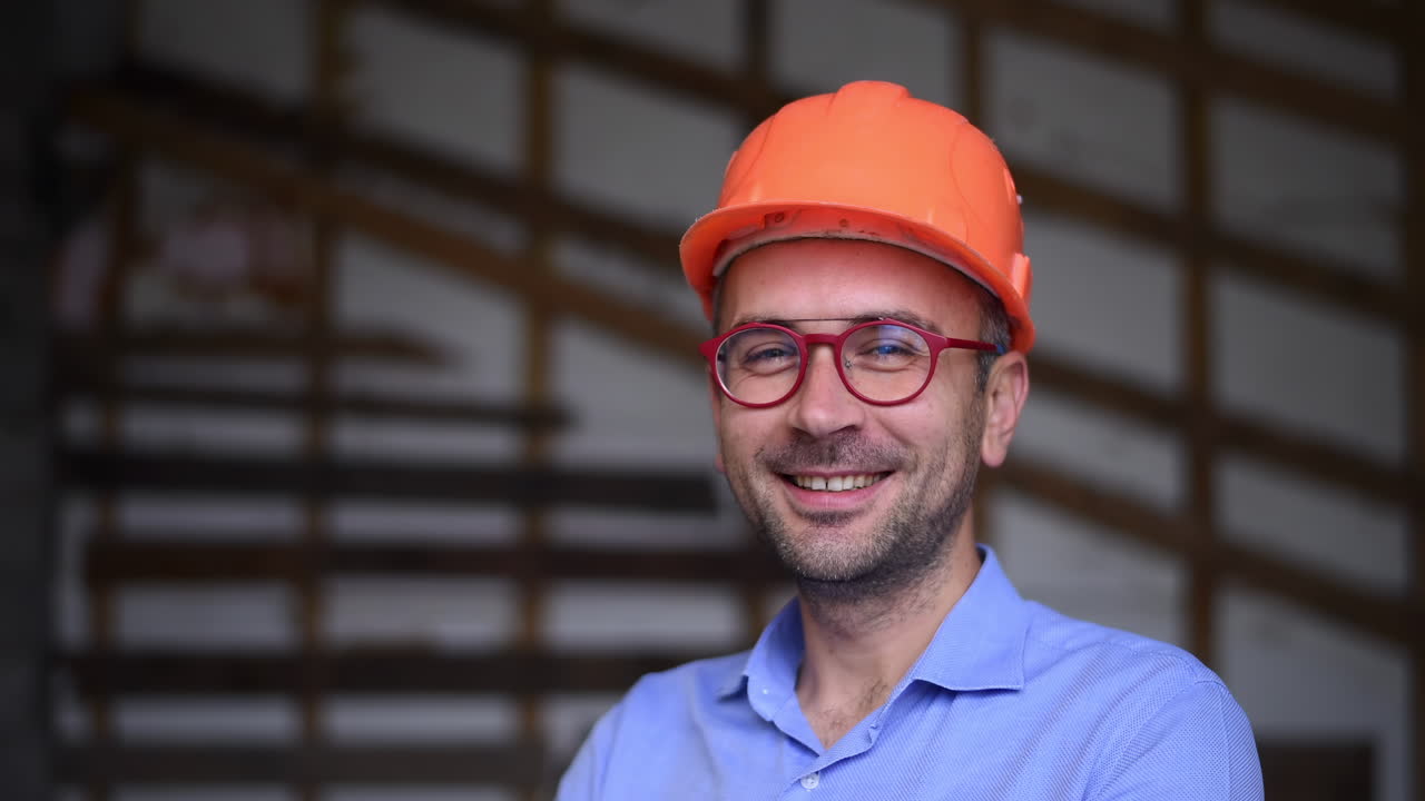 A site manager wearing an orange safety helmet smiling on a construction site
