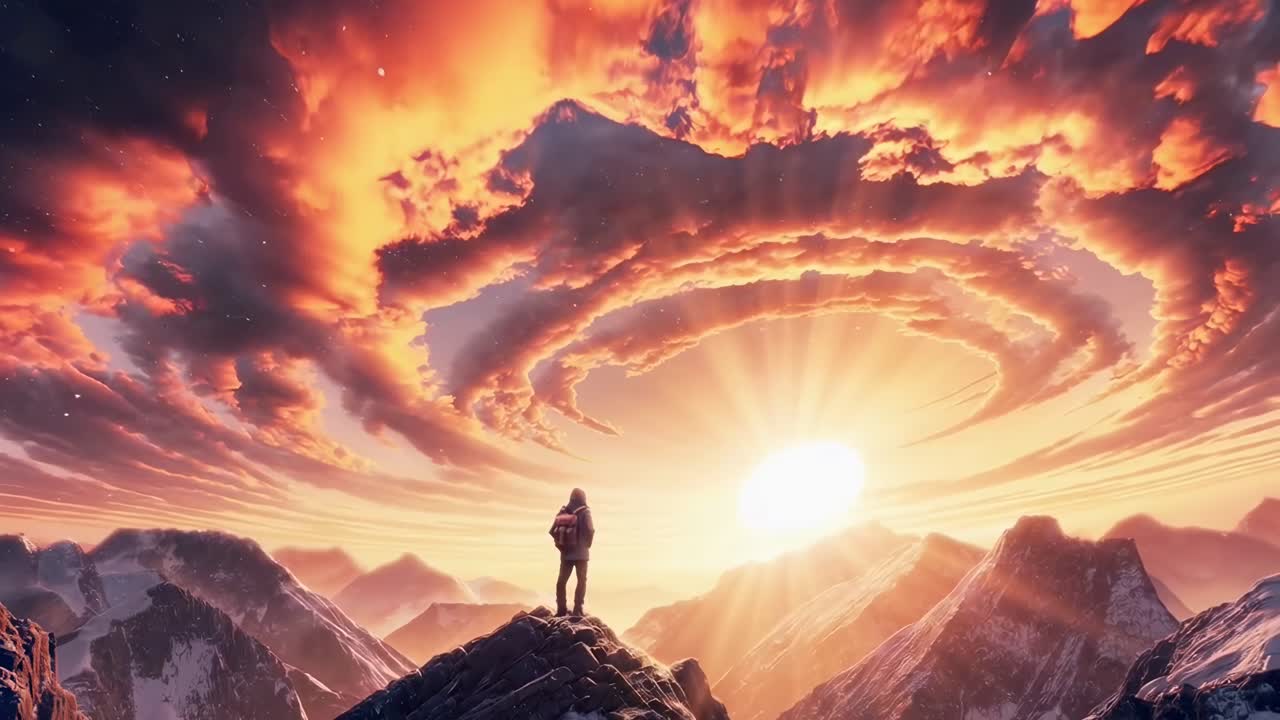 Epic landscape video concept with a low-angle view of a person on a mountain at sunset