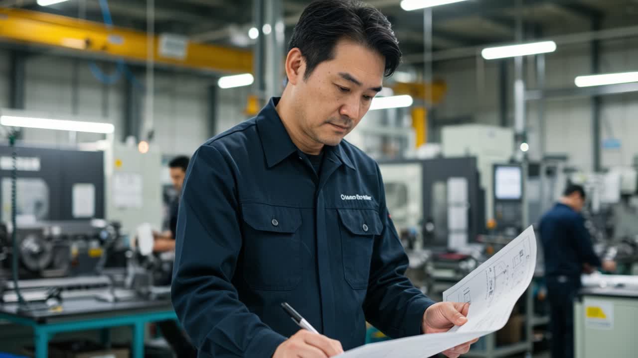 A skilled technician carefully examines detailed engineering plans while standing in an industrial workshop filled with various machinery. The environment is well-lit and organized, showcasing advanced tools and equipment. Other workers are visible in the background, engaged in different tasks. The 