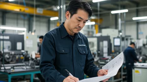 a skilled technician carefully examines detailed engineering plans while standing in an industrial workshop filled with various machinery. the environment is well-lit and organized, showcasing advanced tools and equipment. other workers are visible in the background, engaged in different tasks. the