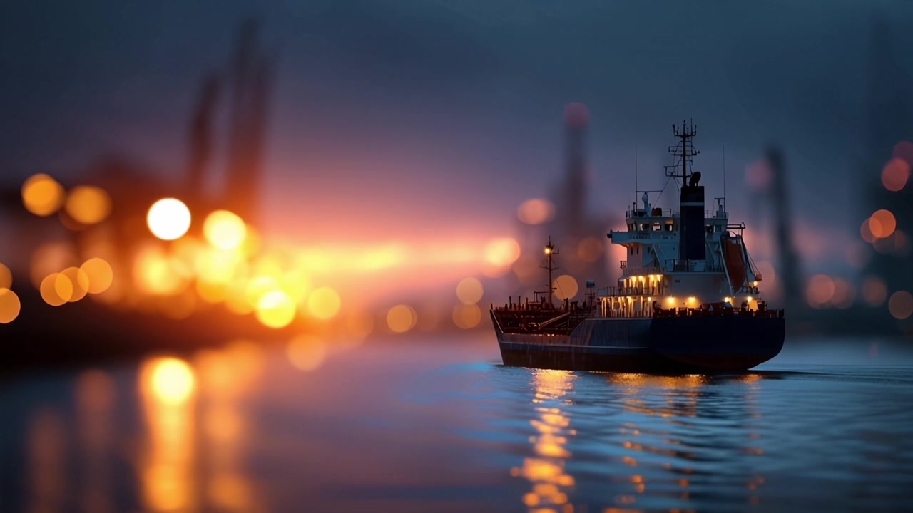 Ett lastfartyg navigerar genom en skymningsscen vid vattnet med industriell bakgrund och mjuka bokeh-ljus, fångat i skymningen för en fridfull maritim vy