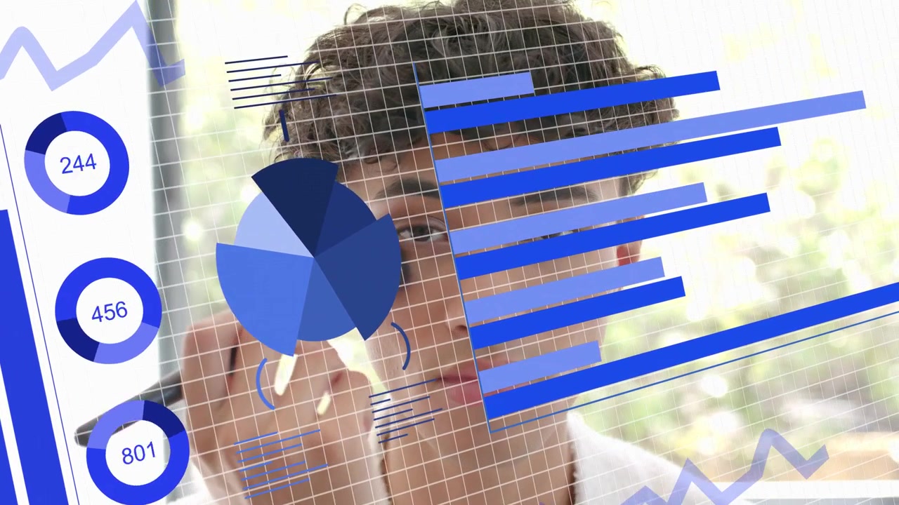 Analyst touching glass causing animated data charts tracing bars while numbers updating, analyzing