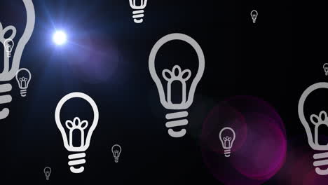 animación de múltiples iconos de bombillas flotando contra el punto de luz azul sobre fondo negro