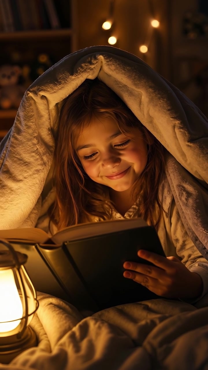 Young girl reading an open book under a blanket illuminated by a glowing lantern at night