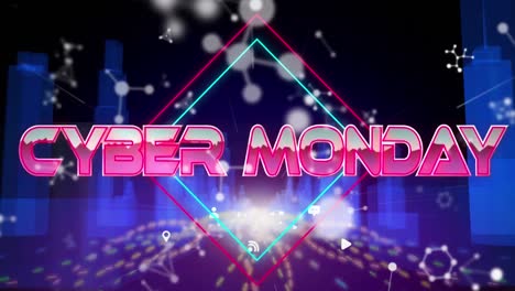 Animation-Von-Cyber-Monday-Text-In-Metallischen-Rosa-Buchstaben-über-Stadtlandschaft-Und-Molekülen