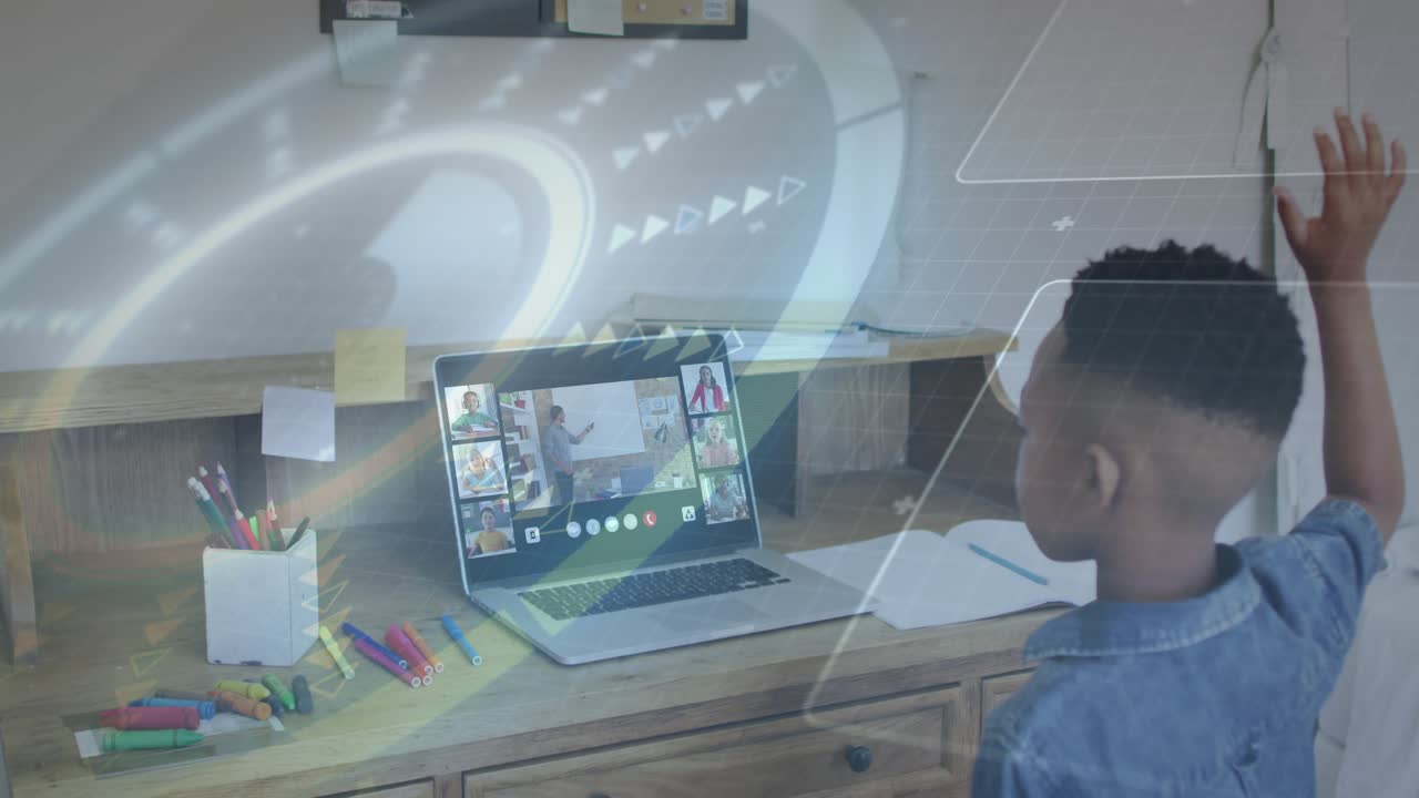 On teacher prompt, boy raising hand then rubbing head while watching laptop AR overlay, education