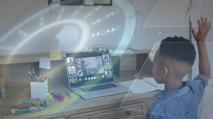 On teacher prompt, boy raising hand then rubbing head while watching laptop AR overlay, education