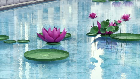 art installation with some artificial and huge pink water lilies floating on the water fountain lake in the urban environment