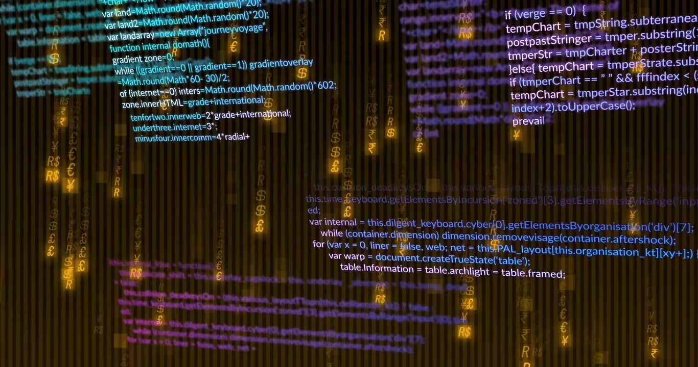 Des extraits de code apparaissent, des blocs de code superposés glissent et des glyphes dorés tombent, visualisant le flux.