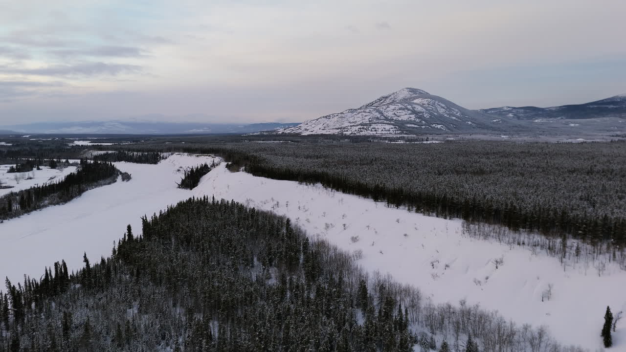 Frusen flod och tät skog nära Ibex Valley i Whitehorse, Yukon, Kanada. Vidvinkel flygvy.
