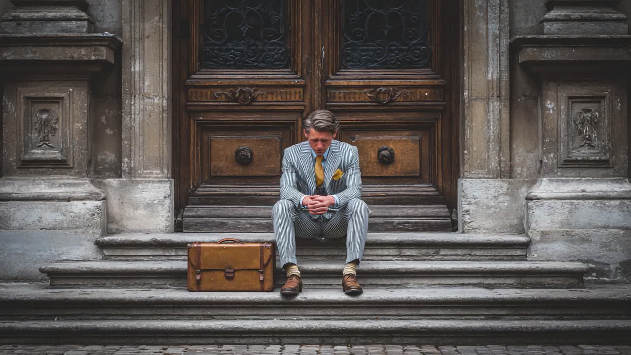 A Moment of Contemplation: A Well-Dressed Man Sitting on Steps with a Briefcase, Reflecting on Life's Journey and Challenges in an Urban Environment