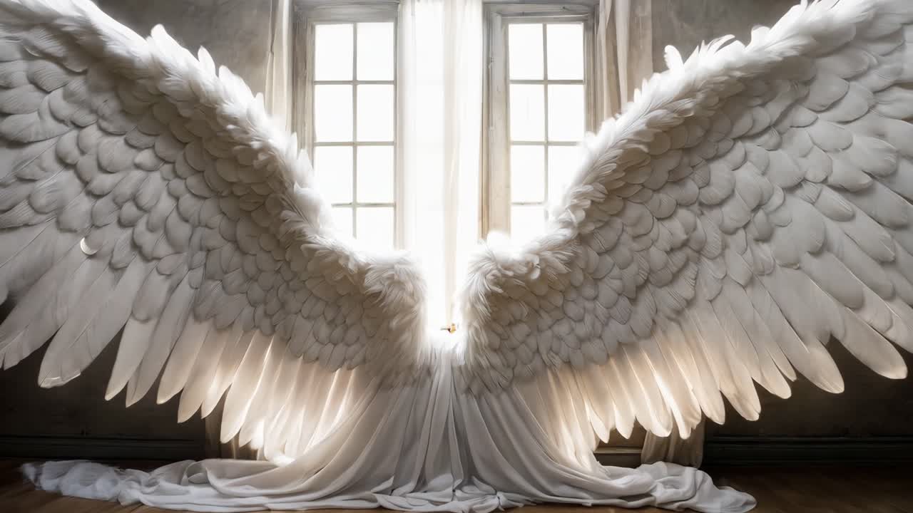 A large white angel wings spread out in front of a window