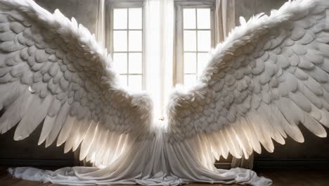 a large white angel wings spread out in front of a window