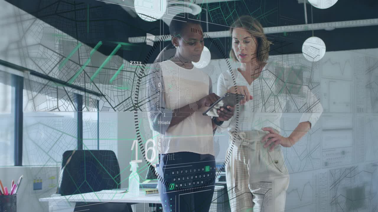 Two women using tablet in business office, tapping and animating HUD meters rising, confirming data