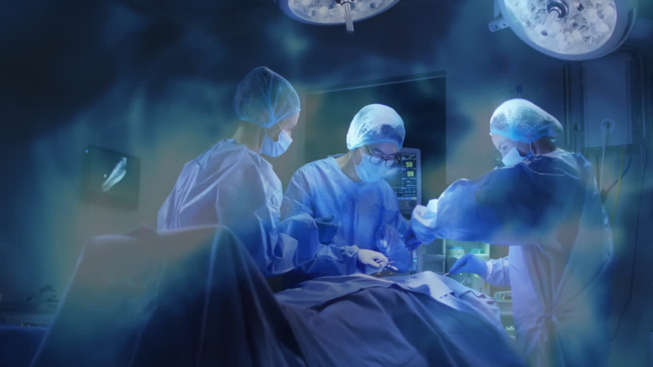 Animation of light shapes over diverse surgeons during surgery in operating room