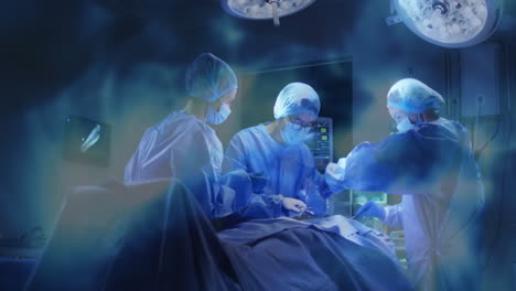 animation of light shapes over diverse surgeons during surgery in operating room