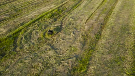 Aerial drone video orbiting and flying around stacked old car tires on a farm field that has freshly been worked and fresh silage hay is on the grassy green and yellow countryside ground, sunny day