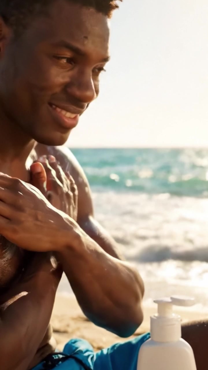 A Young Man Applying Sunscreen on the Beach, Embracing Sun Safety and Skin Protection While Enjoying a Relaxing Day by the Water