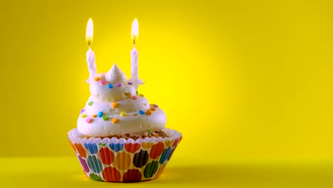 birthday decorated cupcake with two candles - sliding shot