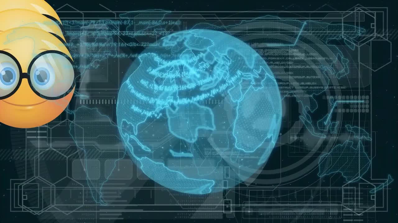 다양한 데이터 위에 회전하는 이모티콘과 글로브의 애니메이션