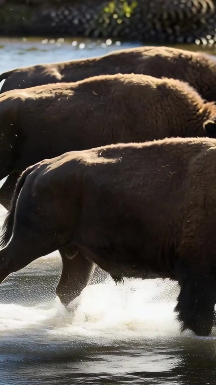 Video verticale: Bisonte americano che guida la mandria mentre attraversa un fiume poco profondo verso la sponda opposta, con spruzzi d'acqua.