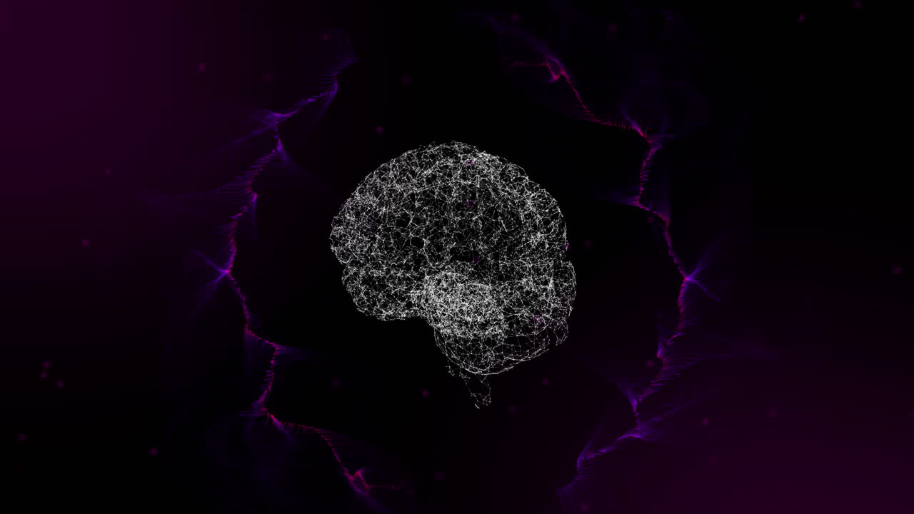 Animation of 3d human brain spinning on moving purple network on black background