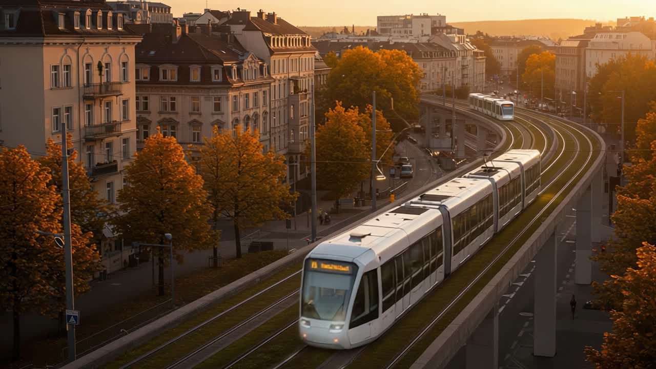 A Stunning Autumn Evening Captured in Two Frames: Trams Gliding Through Vibrant Streets Adorned with Golden Leaves Against a Backdrop of Historic Architecture