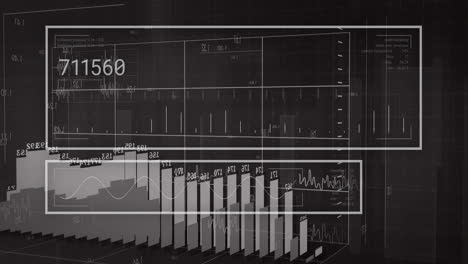 Animation of digital data processing and statistics over black background