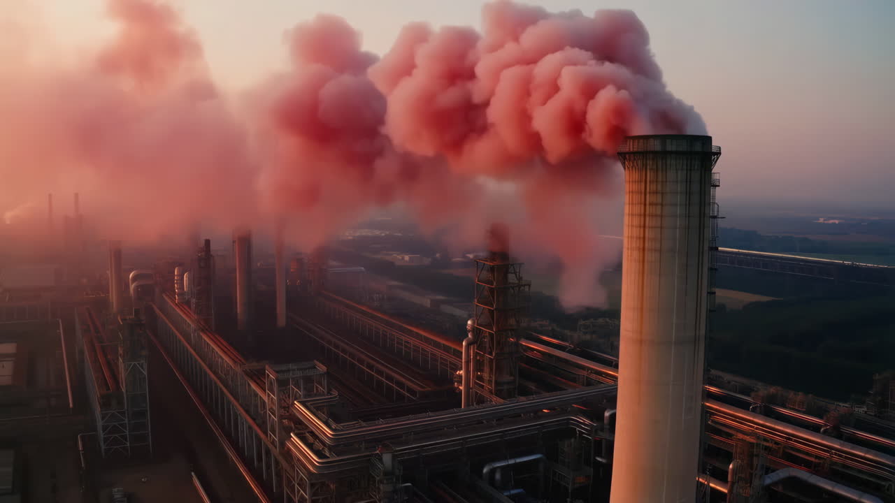Industrial Factory Emitting Red Smoke at Sunset