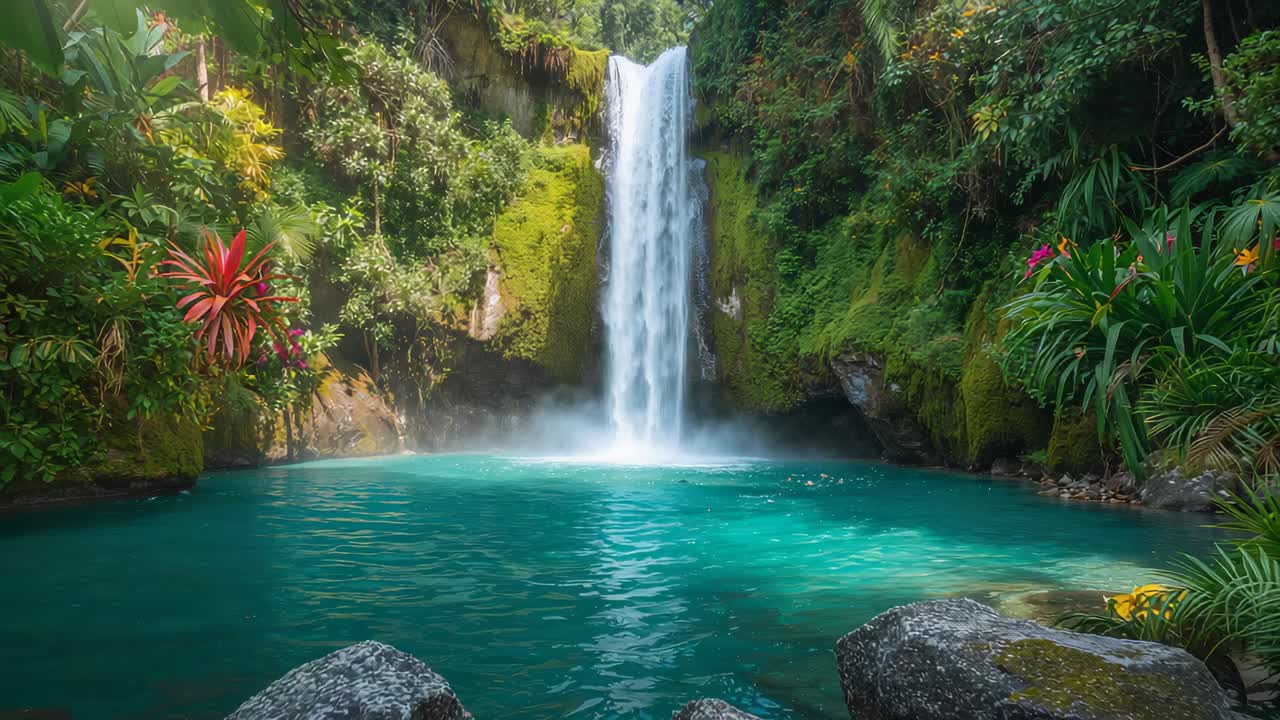 Pouring, gravity pulling water from mossy cliff at tropical gorge, waterfall feeding turquoise pool