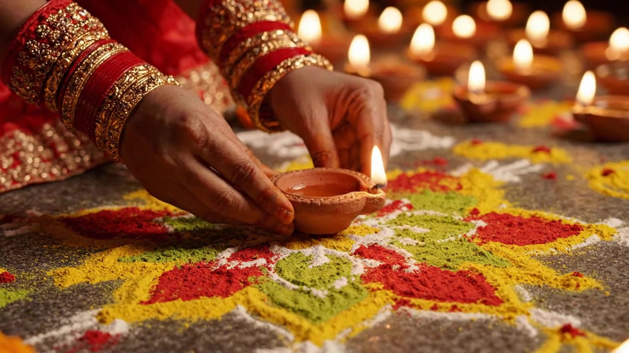 Donna che posiziona una diya accesa su un rangoli per il festival di Diwali.