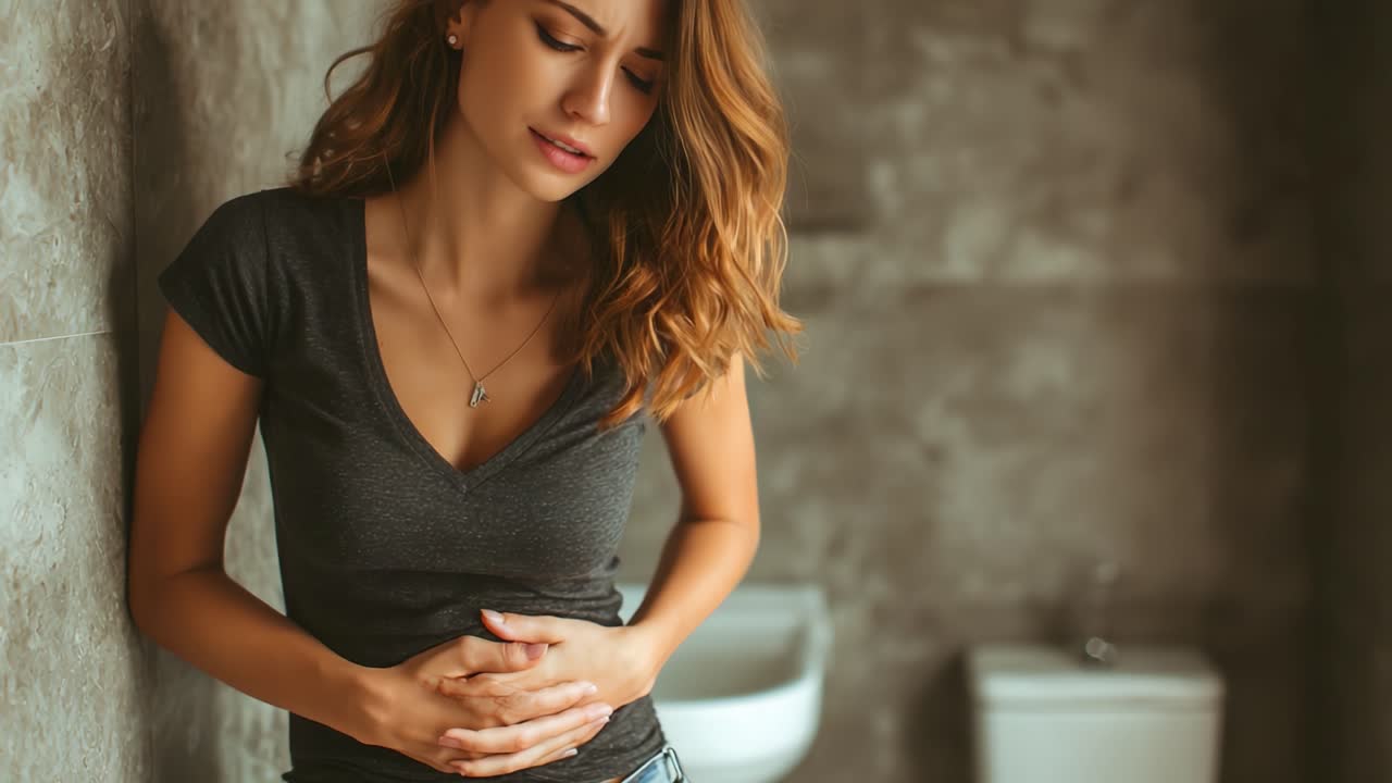 Una donna prova disagio in un discreto ambiente da bagno, trasmettendo un senso di preoccupazione e introspezione mentre si stringe la parte centrale del corpo, cercando sollievo dalle sue sensazioni