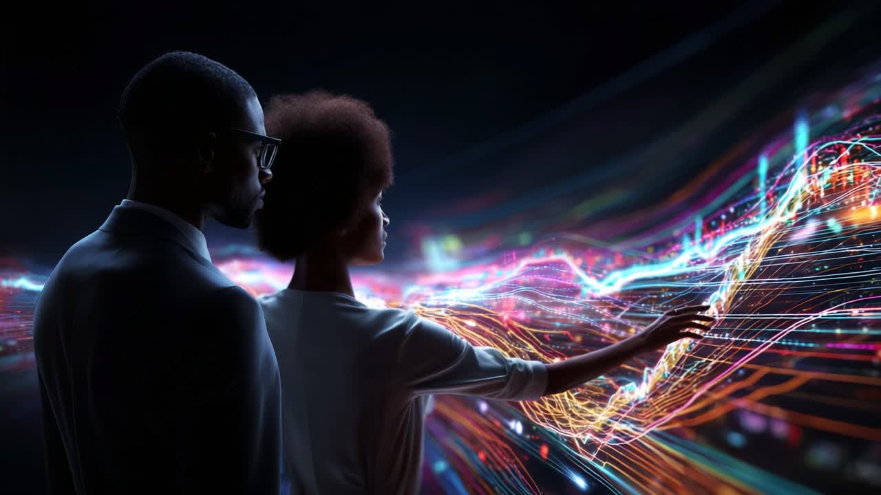 A Dynamic Exploration of Data Analytics: Two Individuals Engaging with Vibrant Digital Graphs Representing Market Trends and Statistical Insights in a Futuristic Environment
