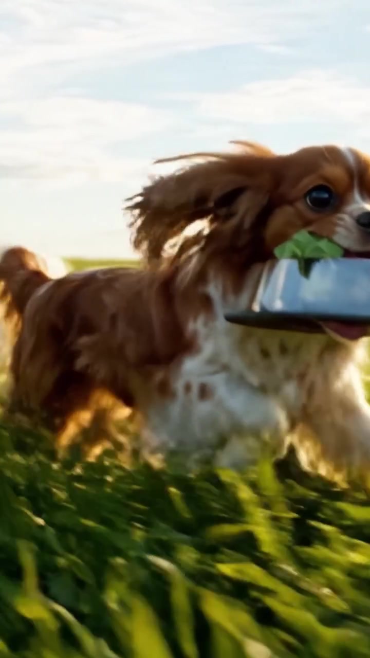Joyful Dog Running Through a Lush Green Field, Playfully Carrying a Bowl and Enjoying a Beautiful Day Outdoors Under a Clear Blue Sky