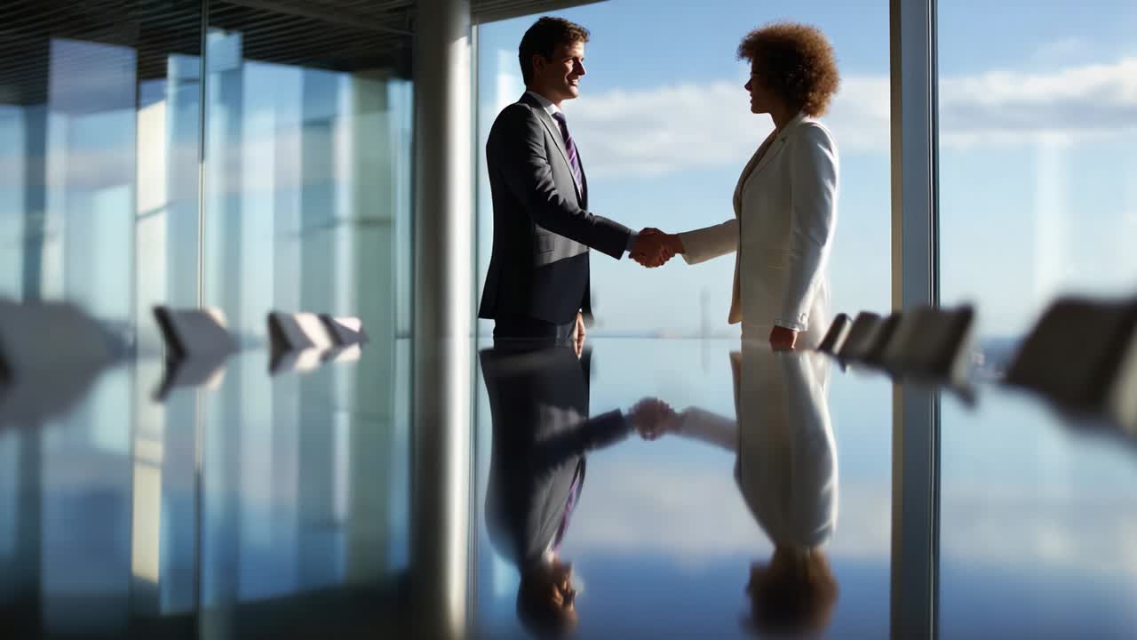 Un incontro professionale dinamico tra due colleghi che si stringono la mano in una sala conferenze moderna con vista panoramica, che mette in risalto la collaborazione e le relazioni commerciali in un ambiente aziendale