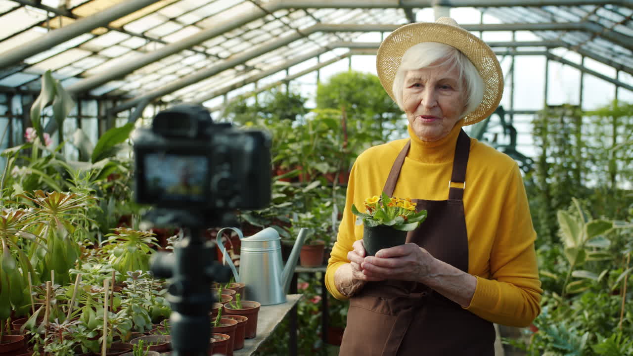 Senior Woman Gardener Vlogs in Greenhouse