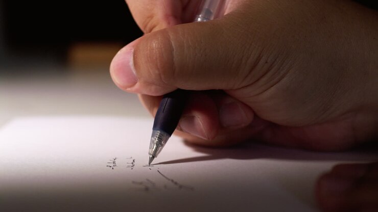Writing numbers while solving a math problem using a blue pen and paper