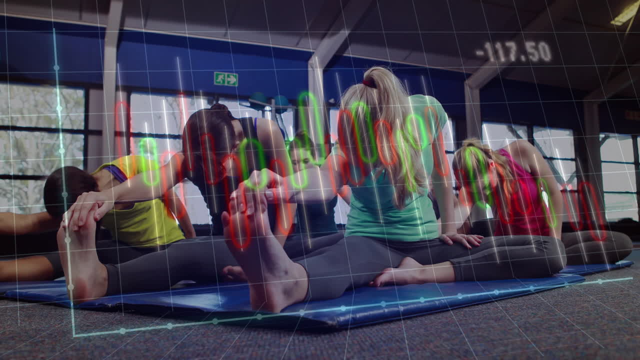 five women stretching in fitness studio, overlaying red green candlestick charts and grid lines