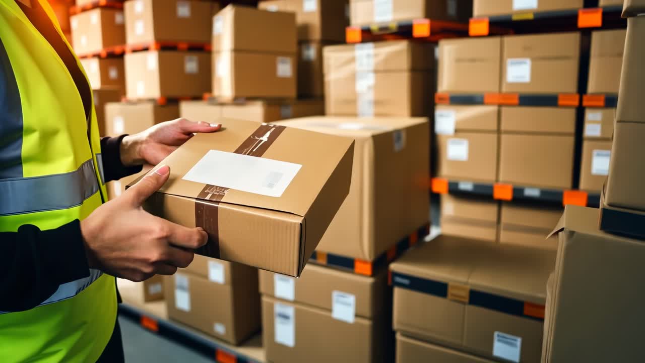 Warehouse worker holding a package, surrounded by stacked boxes