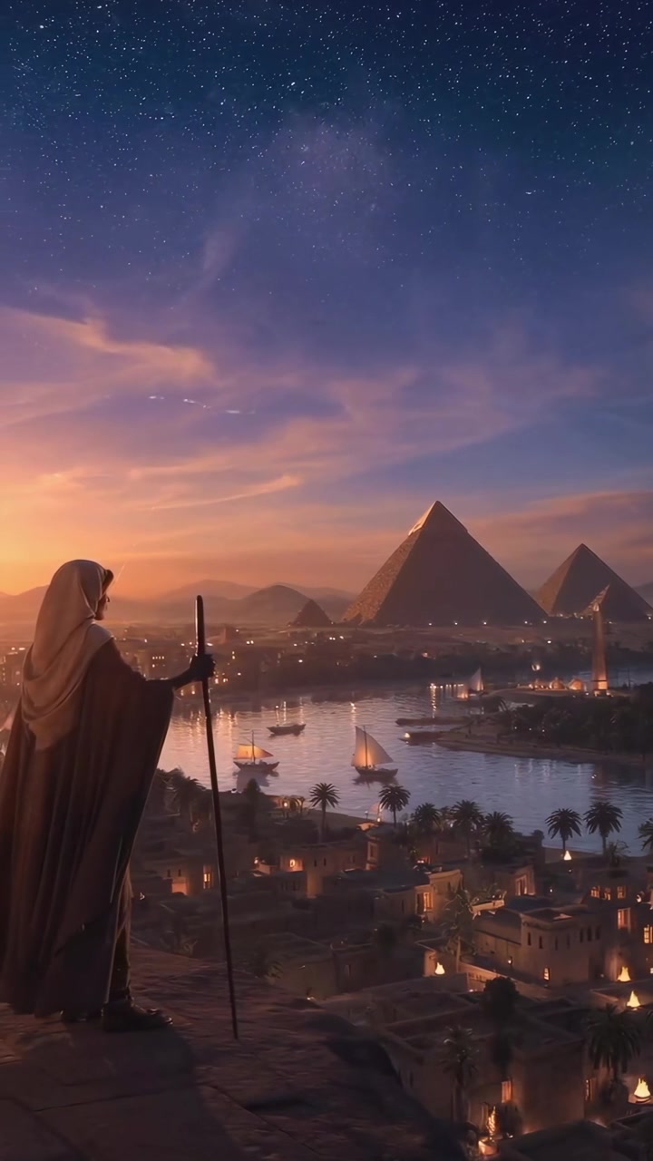 Figura misteriosa che osserva un'antica città egizia e piramidi al tramonto