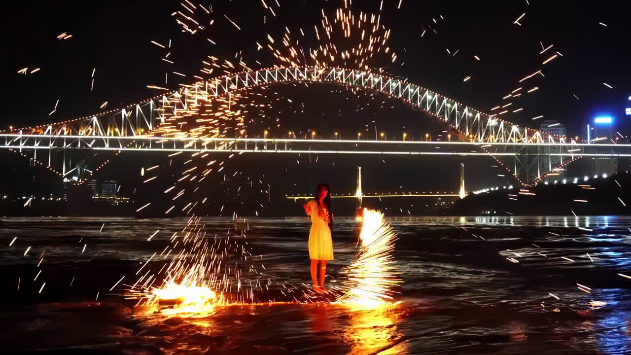 밤의 장면: 행복한 젊은 아시아 여성이 춤을 추고 불꽃놀이를 연주하고 다리 에서 함께 축제 행사를 축하합니다.