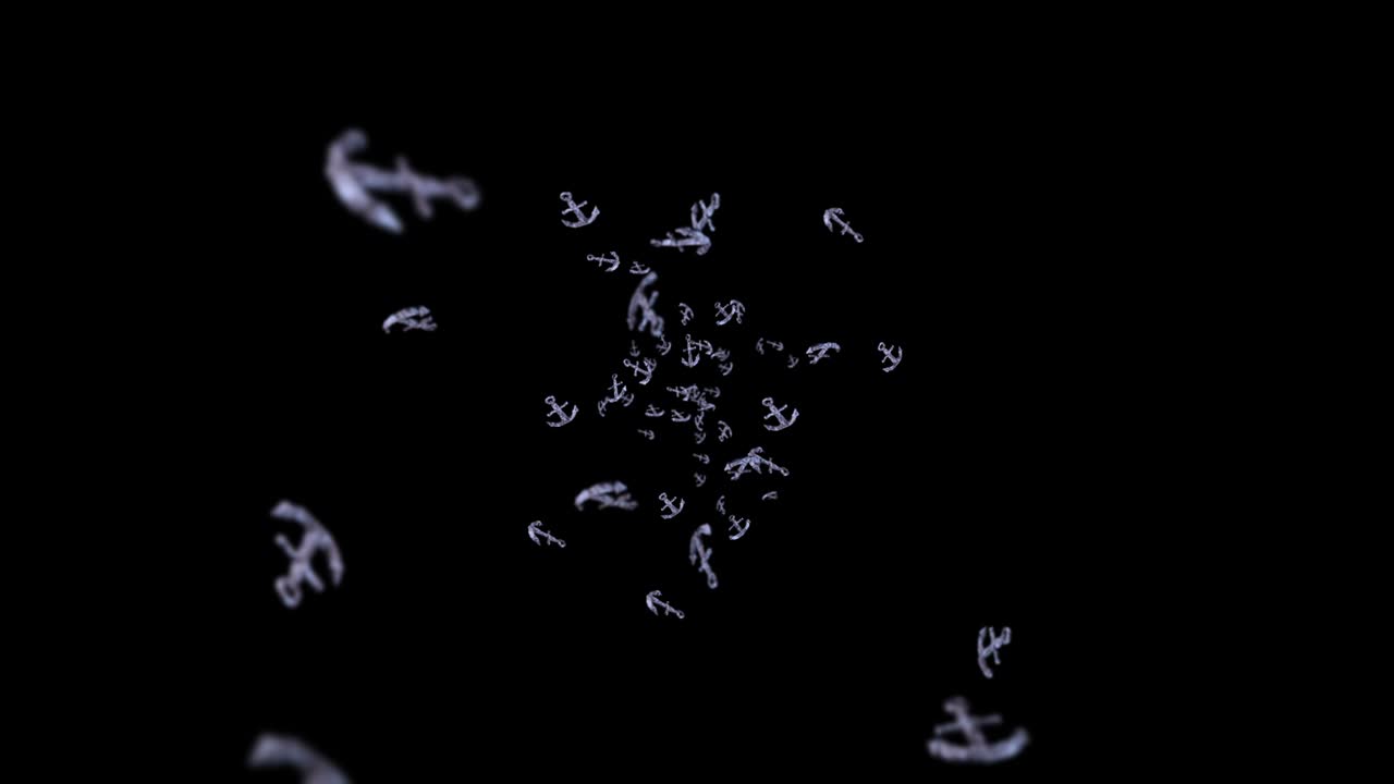 Flying many anchors on black background. Ship and boat anchor. Marine icon. 3D loop animation of anchor rotating.