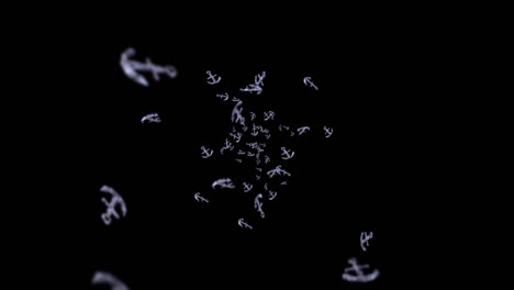 flying many anchors on black background. ship and boat anchor. marine icon. 3d loop animation of anchor rotating.