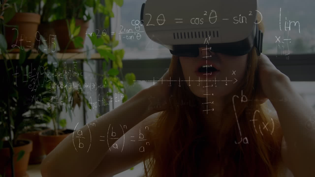 Animation of mathematical drawings and equations over woman wearing vr headset
