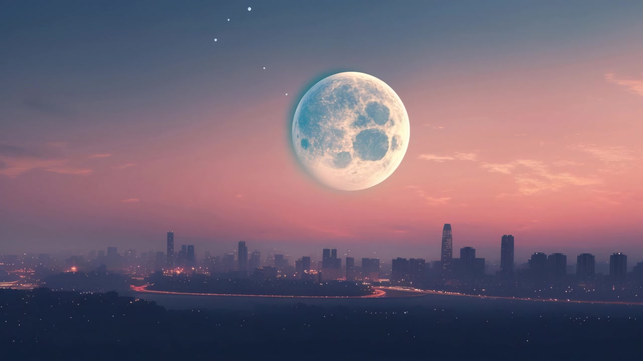 Luna piena gigante che sorge sullo skyline di una città al crepuscolo