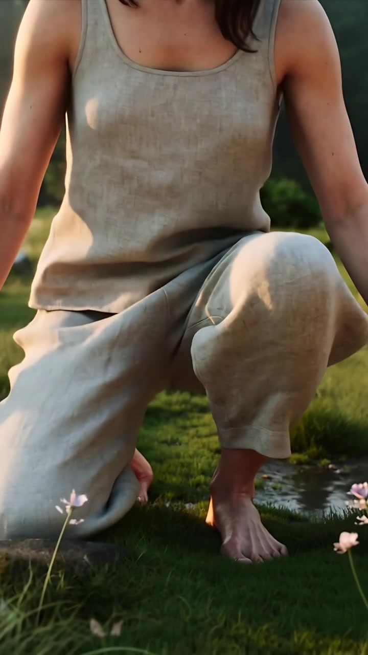 Vertical video: Stepping on stones, barefoot woman in tank, linen pants kneeling by puddle in marsh