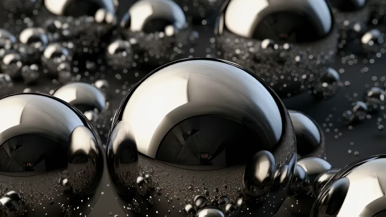 Numerous polished reflective spheres are arranged on a textured dark surface, speckled with tiny water droplets, creating a captivating interplay of light and reflections
